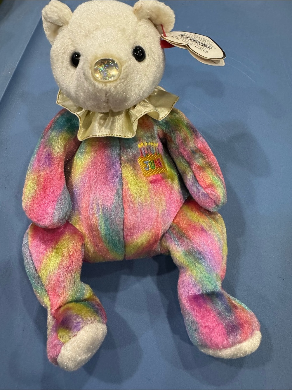 Ty Beanie Baby Style Rainbow Plush Bear with Gem Nose June the Birthday Bear